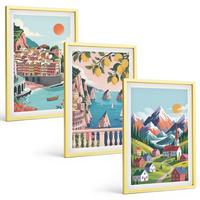 BILDER SET 3er Set - 40x60 cm Goldrahmen - Farbenfrohe Berge und Städte - Goldfarben, Kunststoff (40/60cm) - TULUP