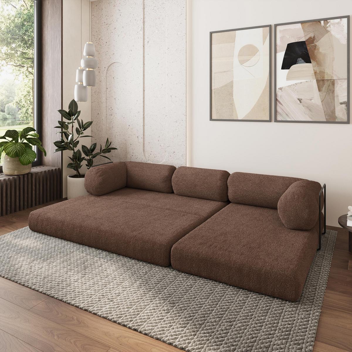 ECKSOFA KELI modulares Boneless Sofa mit Schlaffunktion Braun Boucle-Stoff - Braun, Textil (270/160cm) - MASSENO