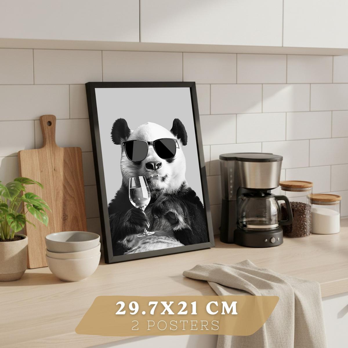 POSTER 2er Set Lustige Panda-Wandbilder Schwarz Weiß Tier Weinglas und Kaffeetasse Küche Wanddeko Rahmenlos A4 - Schwarz, Papier (29.7/1/21cm) - Nacnic