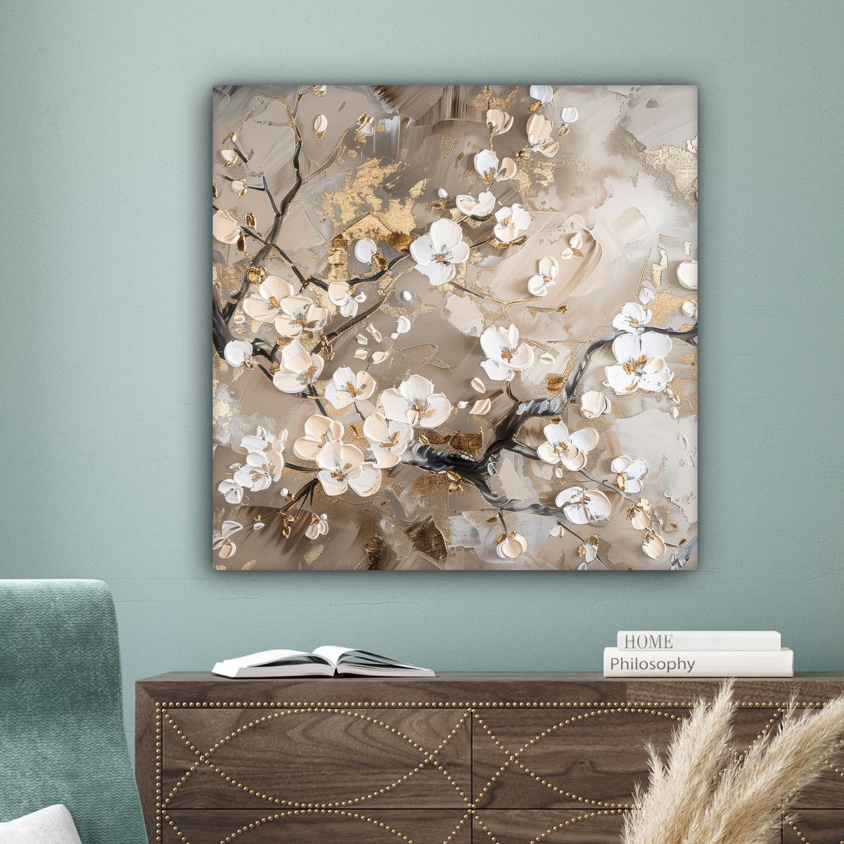 LEINWANDBILD Blumen - Weiß - Gold - Beige - Luxus Deko Groß 90x90 cm - Greige, Textil (90/90cm) - MuchoWow