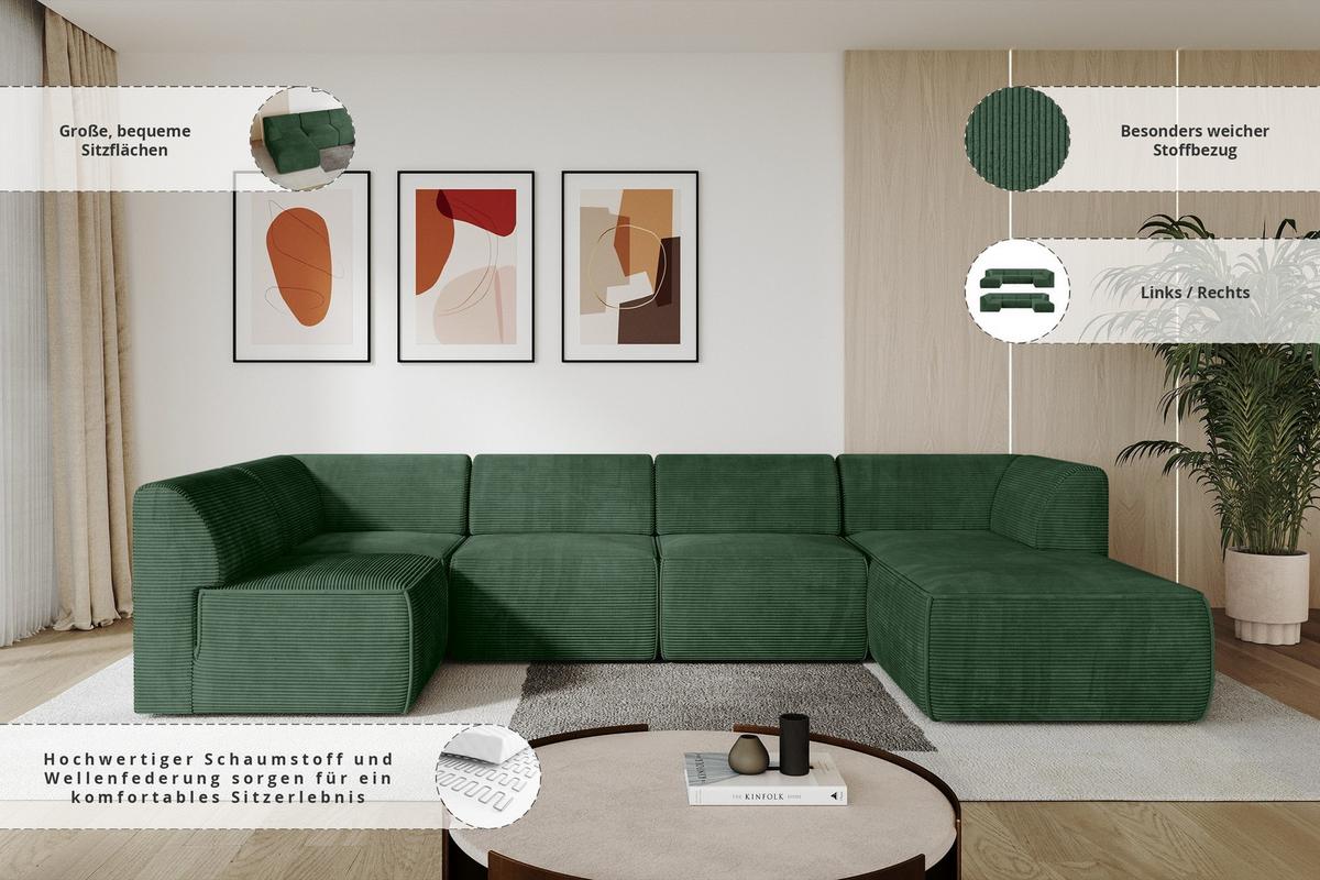 WOHNLANDSCHAFT Ottomane Rechts MOVO-L 345x180x78 cm Grün Cord - Grün, Holzwerkstoff/Kunststoff (180/78/345cm) - ALTDECOR