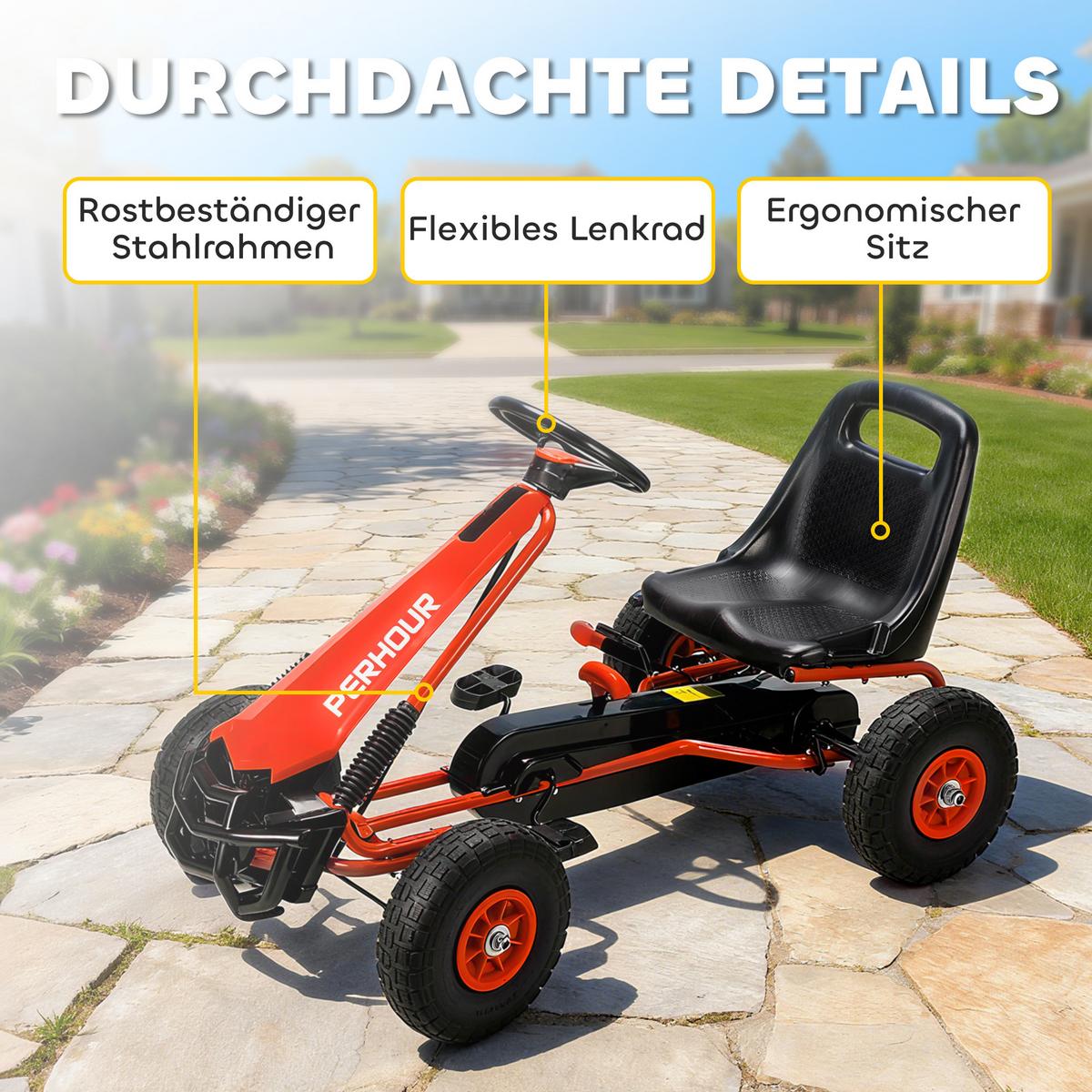 GOKART, Tretauto mit Handbremse, verstellbarem Sitz, Vor- und Rückwärtsgang - Rot, Metall (110/61/62cm) - AIYAPLAY