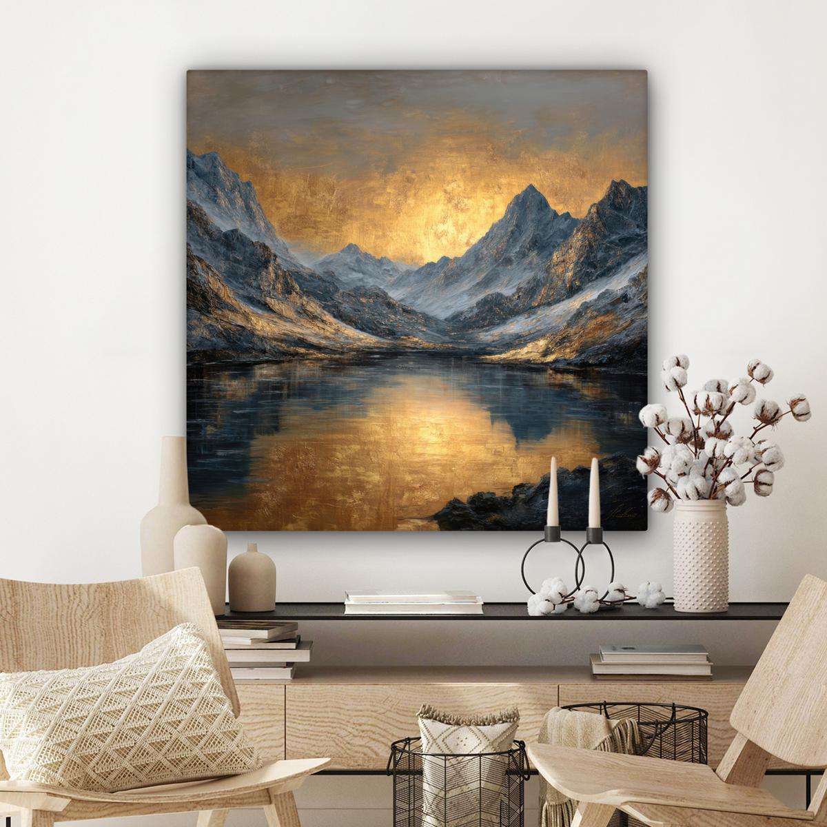 LEINWANDBILD Bergkulisse mit goldenem Sonnenuntergang Deko Groß 90x90 cm - Goldfarben, Textil (90/90cm) - MuchoWow