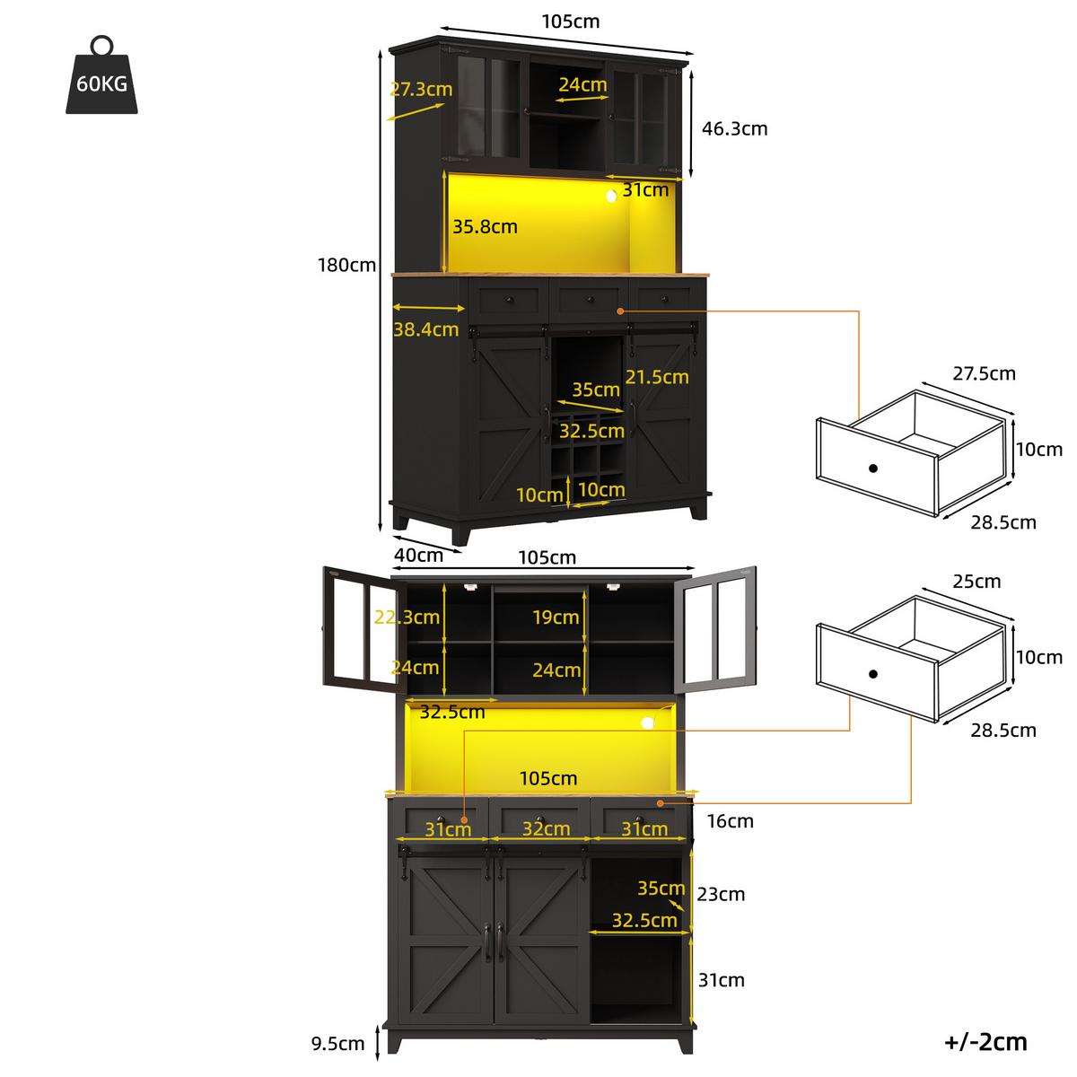 BUFFETSCHRANK Schwarz 105x180cm mit LED-Beleuchtung, Glastüren & Weinregal - Schwarz, Holzwerkstoff (105/180/38.4cm) - Urban Meuble