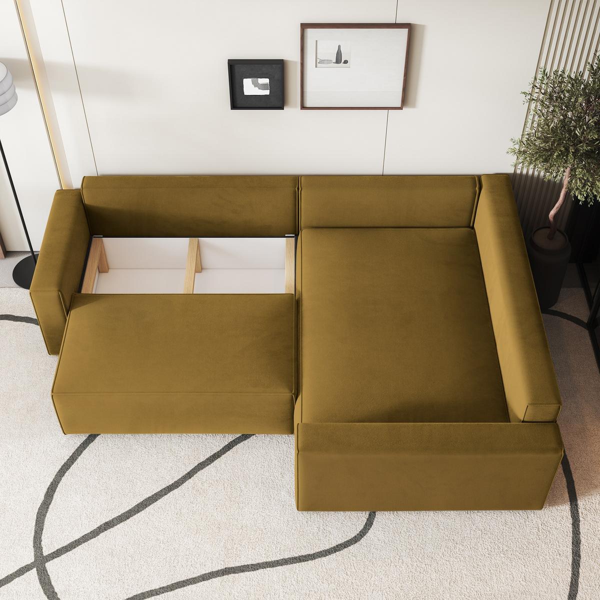 ECKSOFA ERONIS R-S Gelb Velours-Stoff mit Schlaffunktion - Gelb, Holz (265/194cm) - MASSENO