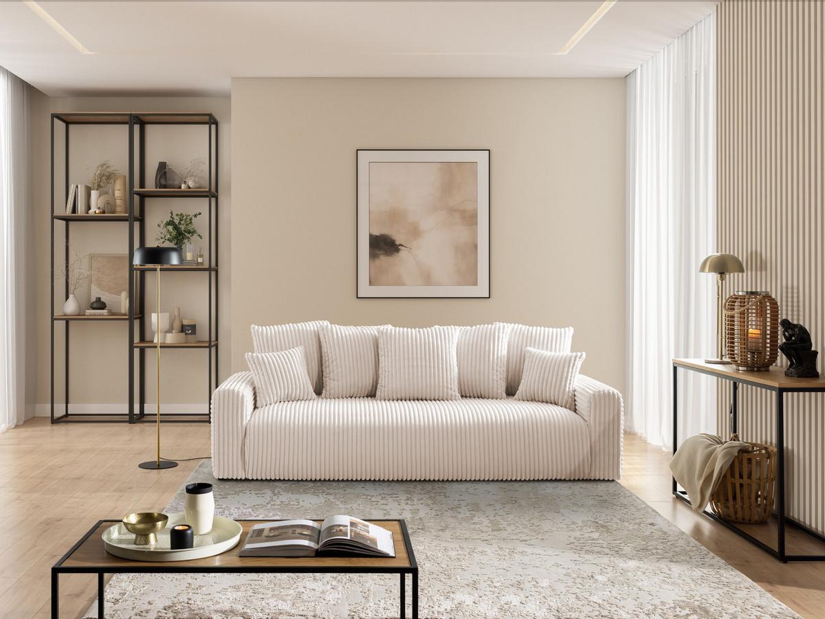 SCHLAFSOFA Calma mit Bettkasten im Bumpy-Design aus weichem Hellbeige Plüschcord - Beige/Schwarz, Holz/Kunststoff (239/88/98cm) - S-Style