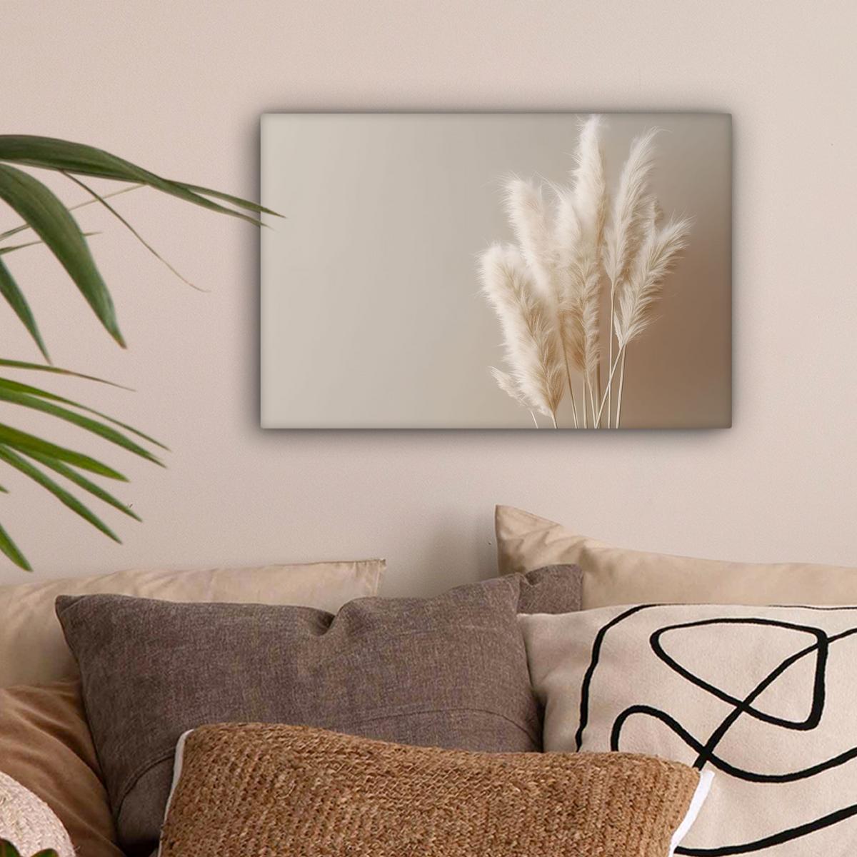 LEINWANDBILD Pampasgras - Federn - Pastell - Weiß Deko Schlafzimmer 30x20 cm - Naturfarben, Textil (30/20cm) - MuchoWow
