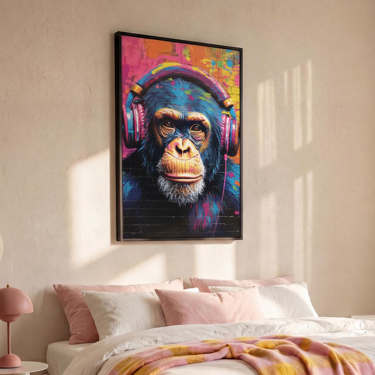 LEINWAND Bilder mit Rahmen - Graffiti - Schimpanse - Straßenkunst - Kopfhörer - Affe - 100x150 - Blau, Textil (100/150cm) - MuchoWow