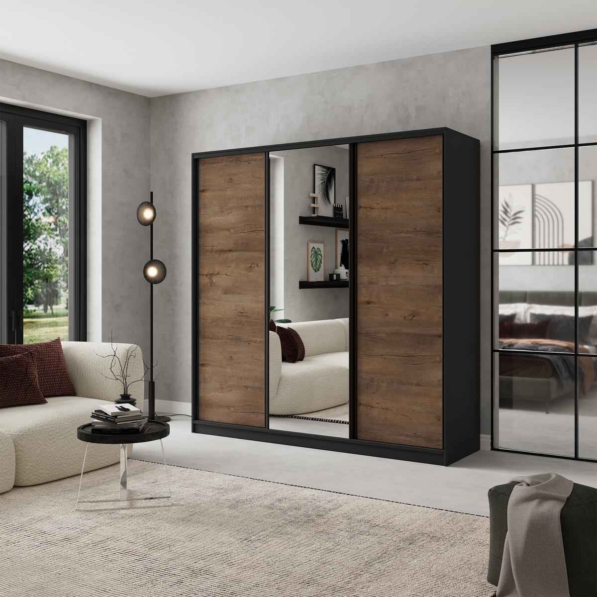 SCHWEBETÜRENSCHRANK SORE 180/205/58 cm 3-türig mit Spiegel und Schubladen Schwarz / Eiche Lefkas - Eichefarben/Schwarz, Holzwerkstoff (180/205/58cm) - MASSENO