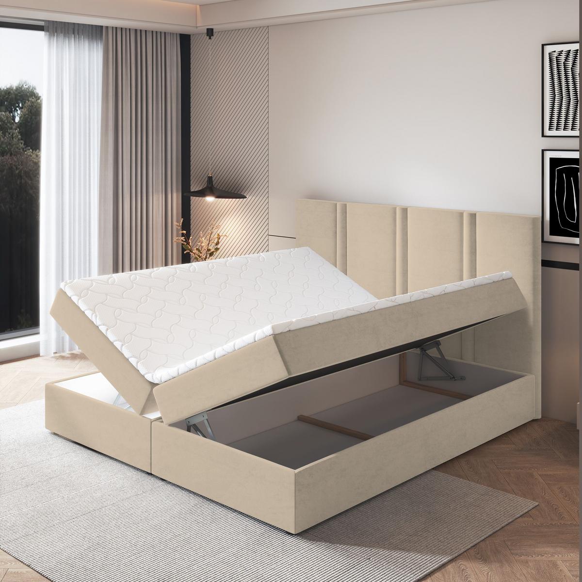 BOXBETT LARIO 160x200 cm mit Matratze und Topper - Beige - Beige, Holz (160/200cm) - MASSENO