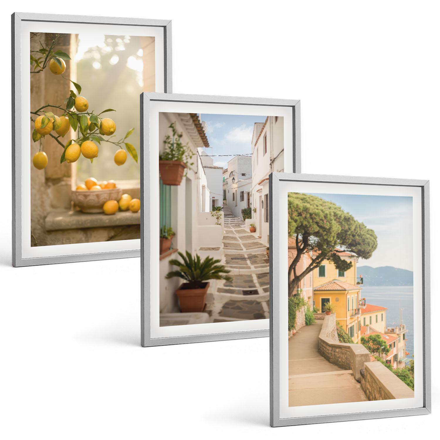 BILDER SET 3er Set - 40x60 cm Silberner Rahmen - Blick aus dem Fenster auf einen Zitrusbaum - Silberfarben, Kunststoff (40/60cm) - TULUP