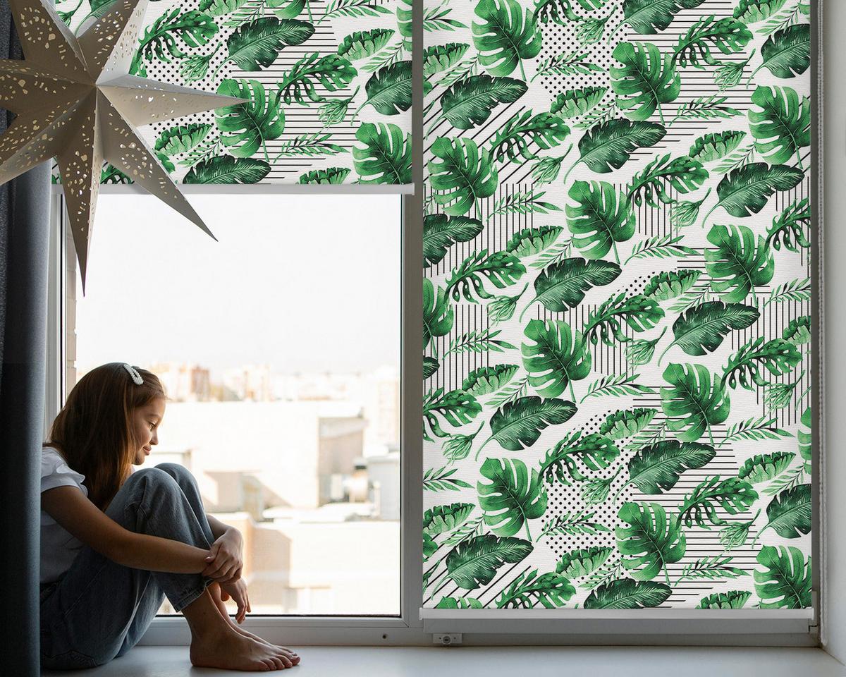 INNENROLLO - Fensterrollo - Rollo - 130x140 cm - Tropische Blätter - Grün, Kunststoff (130/140/0.5cm) - TULUP