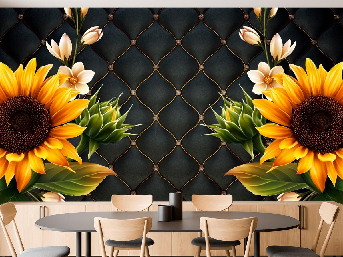FOTOTAPETE für Küche Blume Sonnenblumen auf gestepptem Hintergrund 100x70 - Gelb/Schwarz, Papier (100/70cm) - Muralo