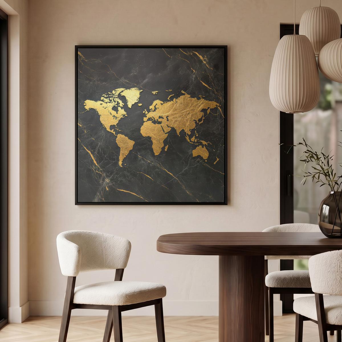 LEINWAND Bilder mit Rahmen - Weltkarte - Gold - Marmor - 90x90 - Goldfarben, Textil (90/90cm) - MuchoWow