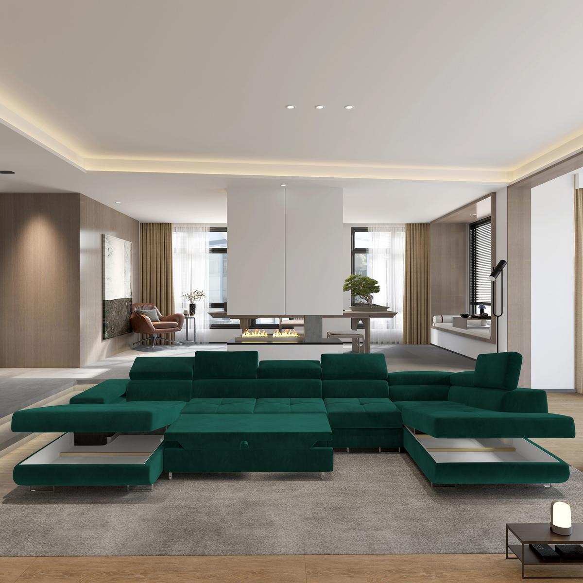 WOHNLANDSCHAFT VELORA R-S Grün Velours-Stoff mit Schlaffunktion - Grün, Holz (419/90/202cm) - MASSENO