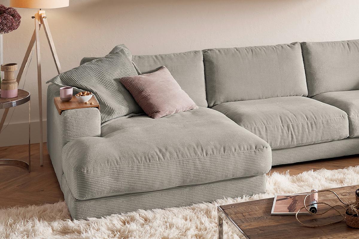 WOHNLANDSCHAFT MADELINE Granit Cord - Greige/Schwarz, Kunststoff/Textil (425/86/224cm) - KAWOLA