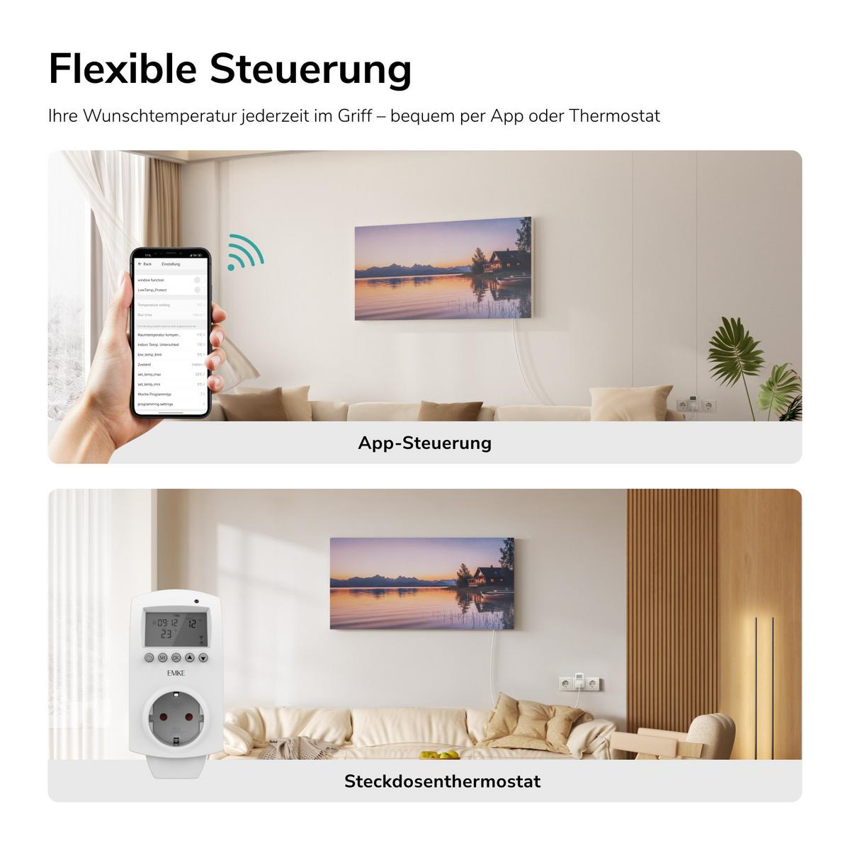 WANDKONVEKTOR Elektrisch mit dekorativem Landschaftsbild, Thermostat und WLAN App Steuerung, 119,5/59,5/1,8 cm - Weiß, Kunststoff/Metall (119.5/59.5/1.8cm) - EMKE