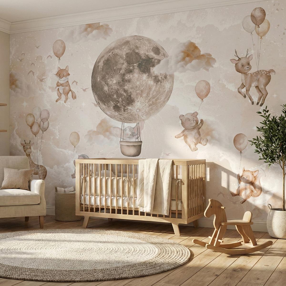 FOTOTAPETE für Kinderzimmer Mond Ballons Bär Rehkitz Giraffe Wolken 500x350 - Beige/Rosa, Papier (500/350cm) - Muralo