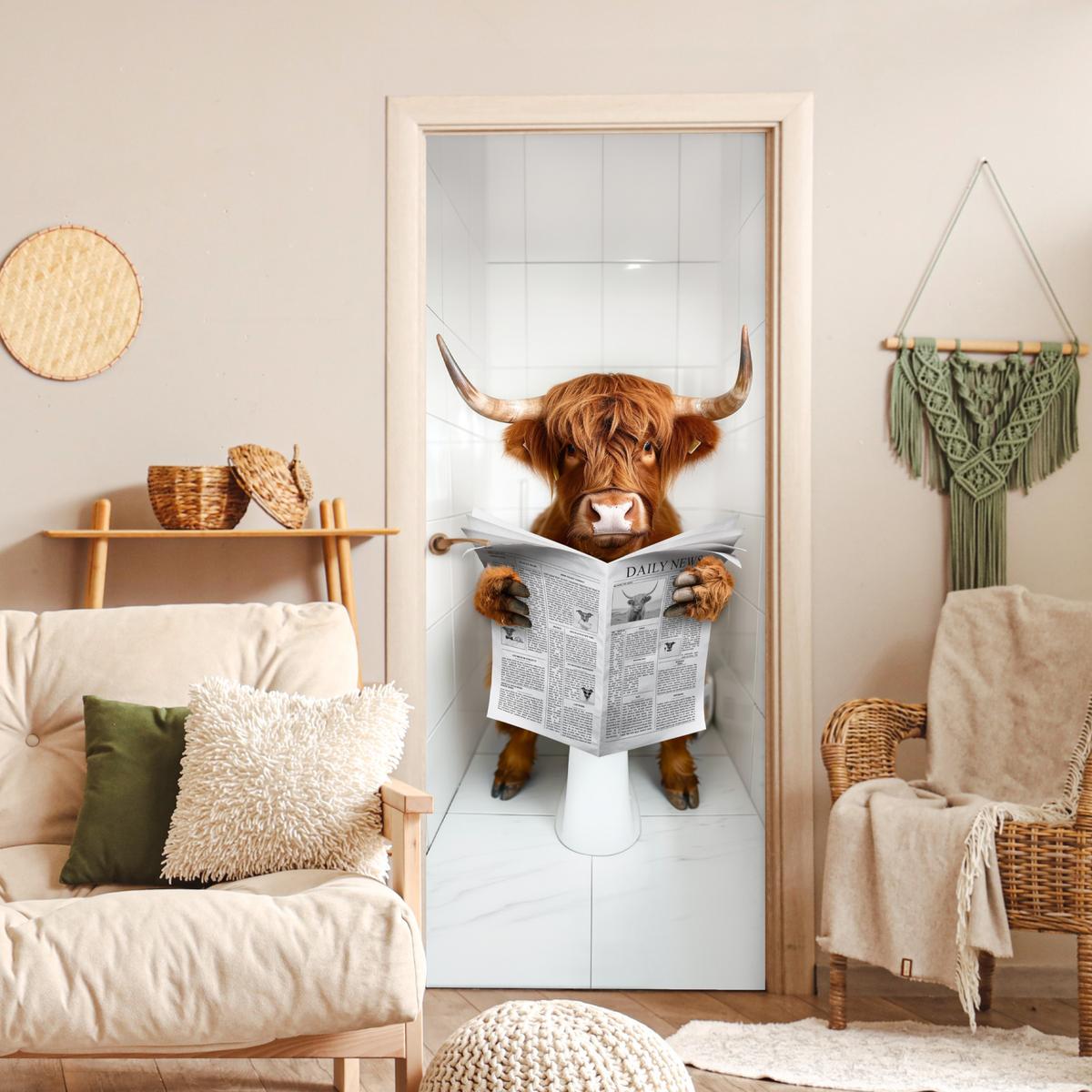 TÜRAUFKLEBER Scottish Highlander - Zeitung - WC - Tier Fototapete 75x205 cm - Türtapete - Weiß, Kunststoff (75/0.1/205cm) - MuchoWow