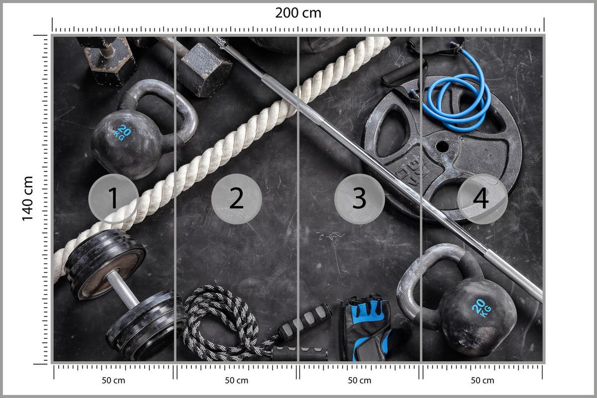 FOTOTAPETE für Fitnessstudio Sportgeräte zum Trainieren Kettlebells Hanteln 200x140 - Blau/Creme, Papier (200/140cm) - Muralo