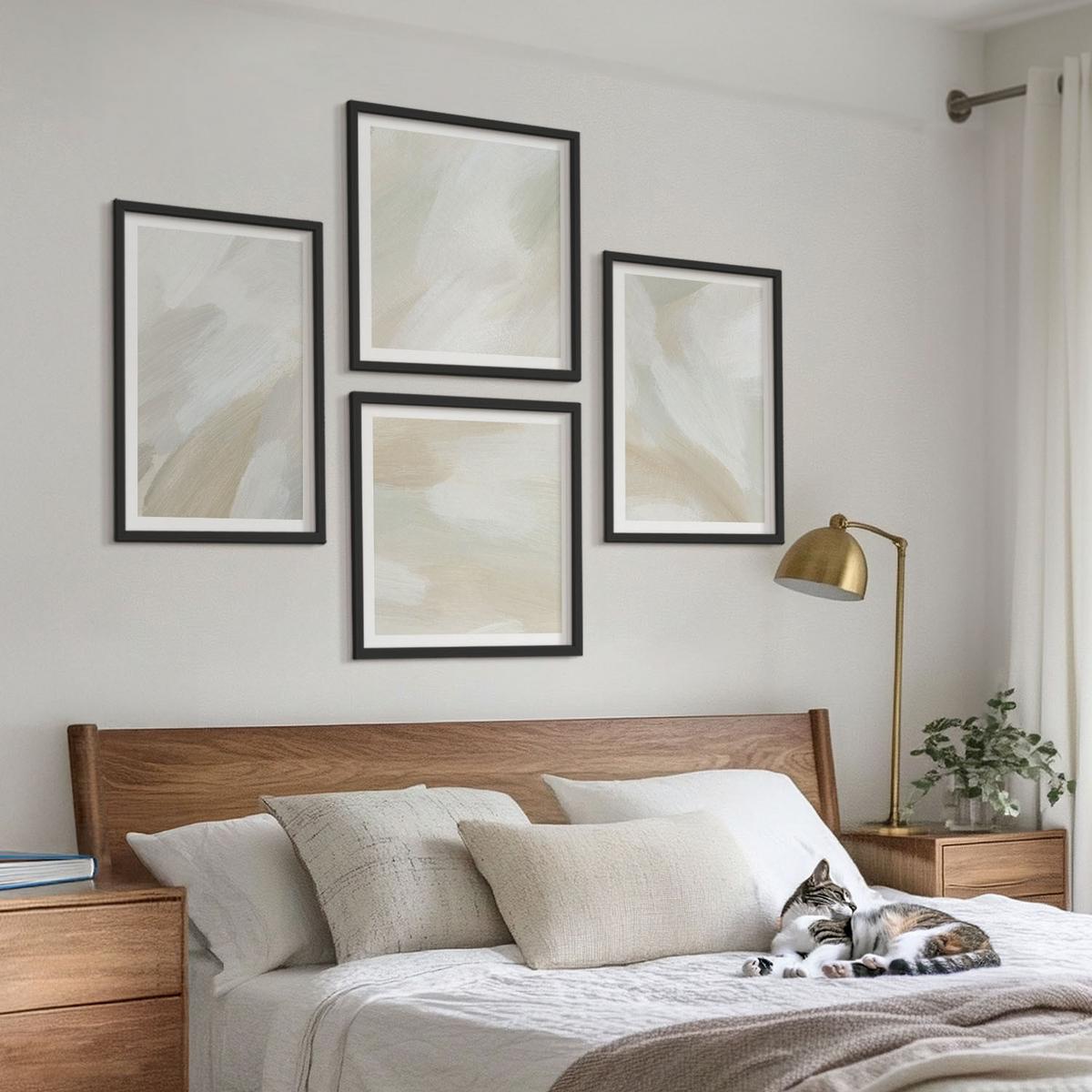 BILDER SET 4er Set - 50x50 cm & 40x60 cm Schwarzer Rahmen - Abstrakte Pinselmalerei auf Leinwand - Schwarz, Kunststoff (50/50cm) - TULUP