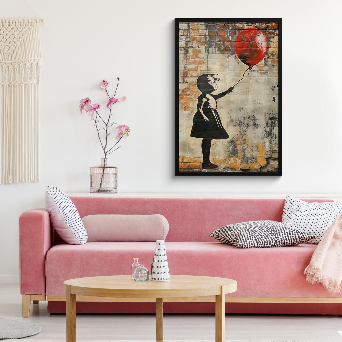 POSTER MIT RAHMENGERAHMTES BILD Graffiti - Banksy - Mädchen - Straßenkunst 60x90 cm - Sandfarben, Papier (60/90cm) - MuchoWow