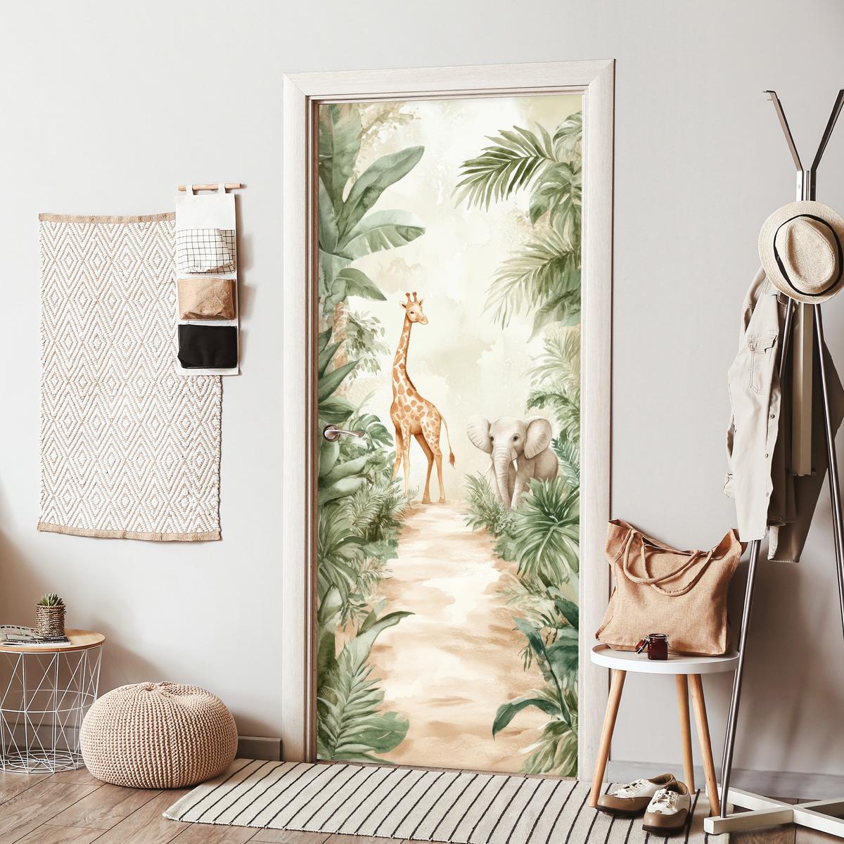 TÜRAUFKLEBER Dschungel - Giraffe - Elefant - Grün - Natur 90x215 cm - Türtapete - Eukalyptusholzfarben, Kunststoff (90/0.1cm) - MuchoWow