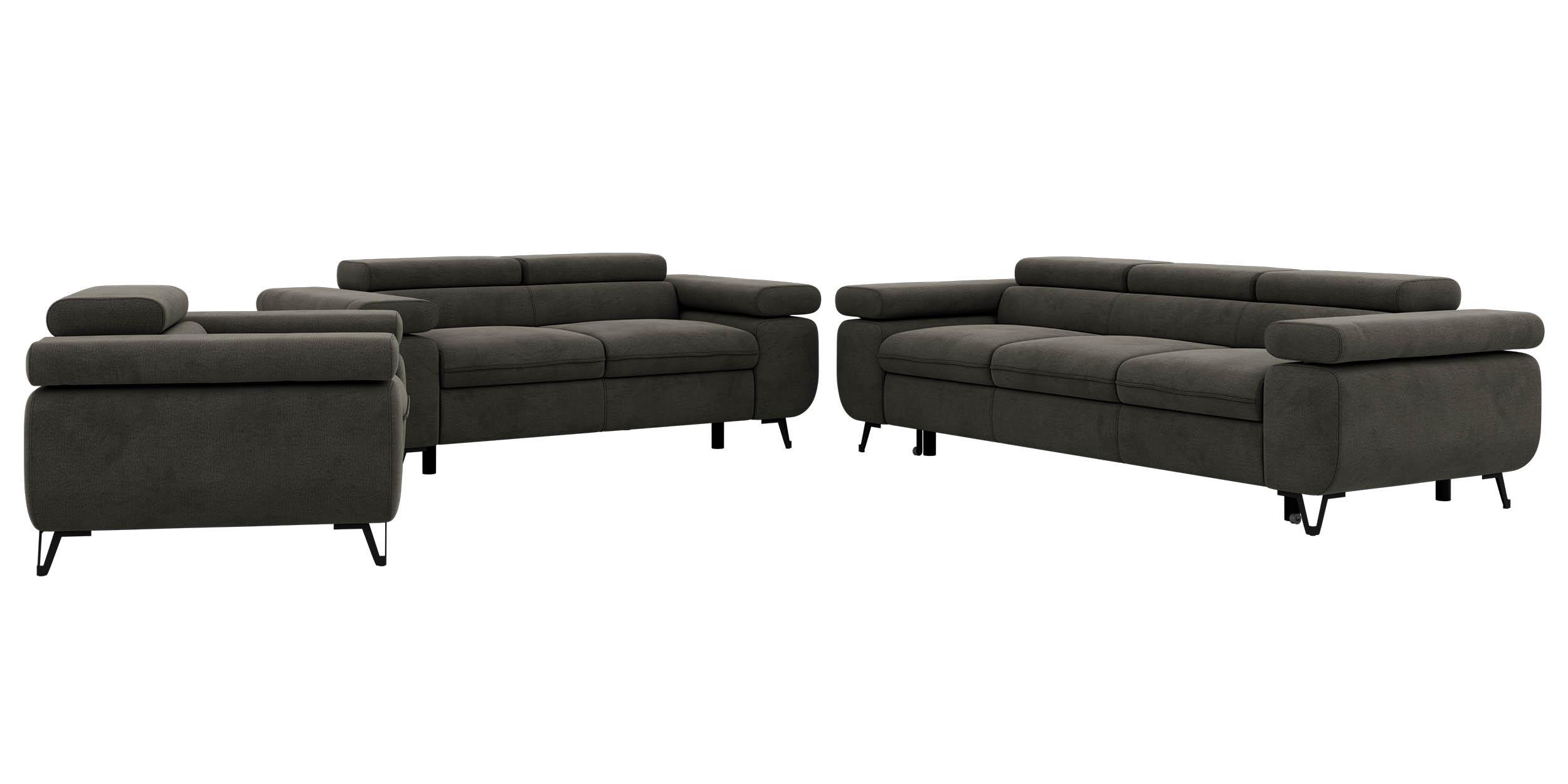 SITZGARNITUR PETER 1+2+3 mit Schlaffunktion - Dunkelgrau Velvet - Dunkelgrau/Schwarz, Textil/Metall (262/76/99cm) - MKS