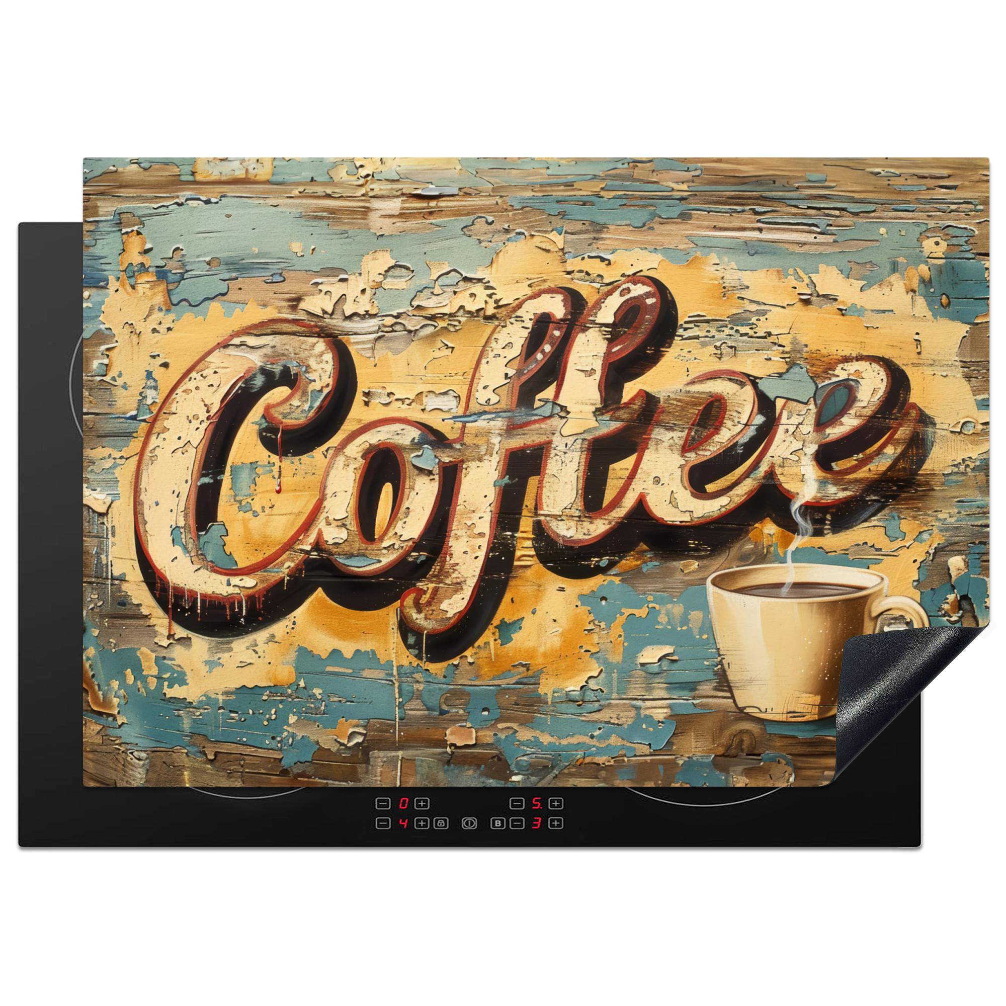 HERDABDECKPLATTE Kaffee - Vintage - Braun - Tasse Herdabdeckung Induktionsfeld 75x52 cm - Teakfarben, Kunststoff (75/52/0.2cm) - MuchoWow