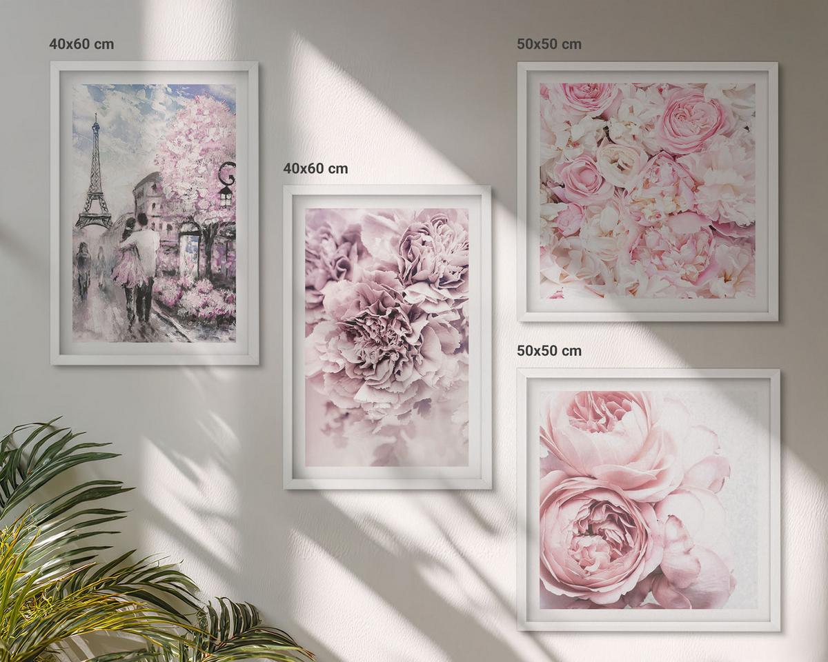 BILDER SET 4er Set - 50x50 cm & 40x60 cm Weißer Rahmen - Rosa Blumen, romantische Landschaft - Weiß, Kunststoff (50/50cm) - TULUP