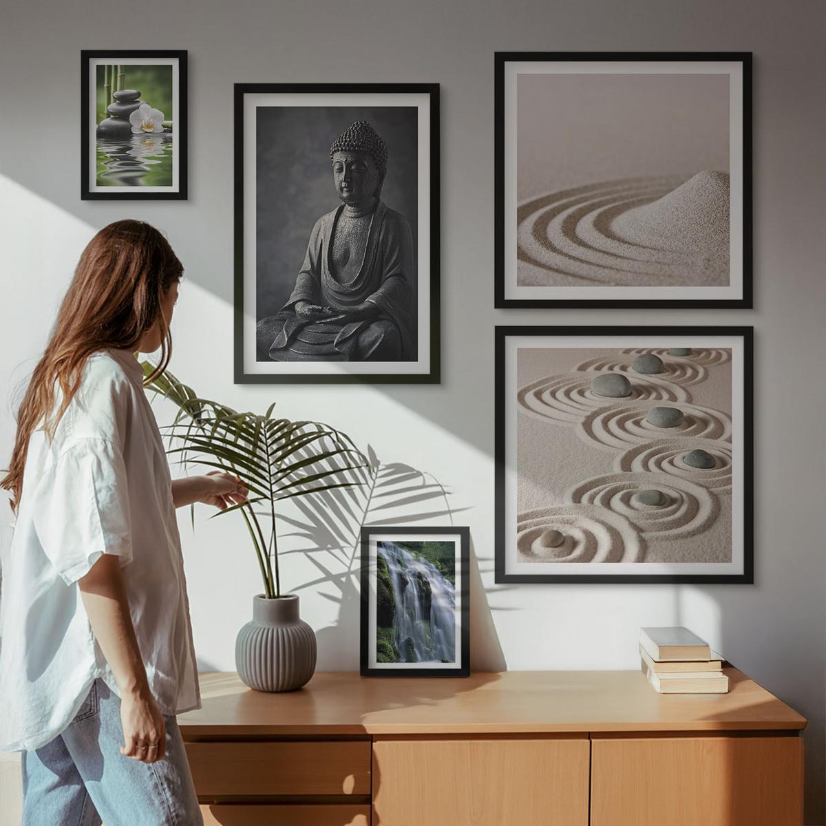 BILDER SET 5er Set - 50x50 cm & 20x30 cm & 40x60 cm Schwarzer Rahmen - Fußabdruck eines Astronauten auf dem Mond - Schwarz, Kunststoff (40/60cm) - TULUP