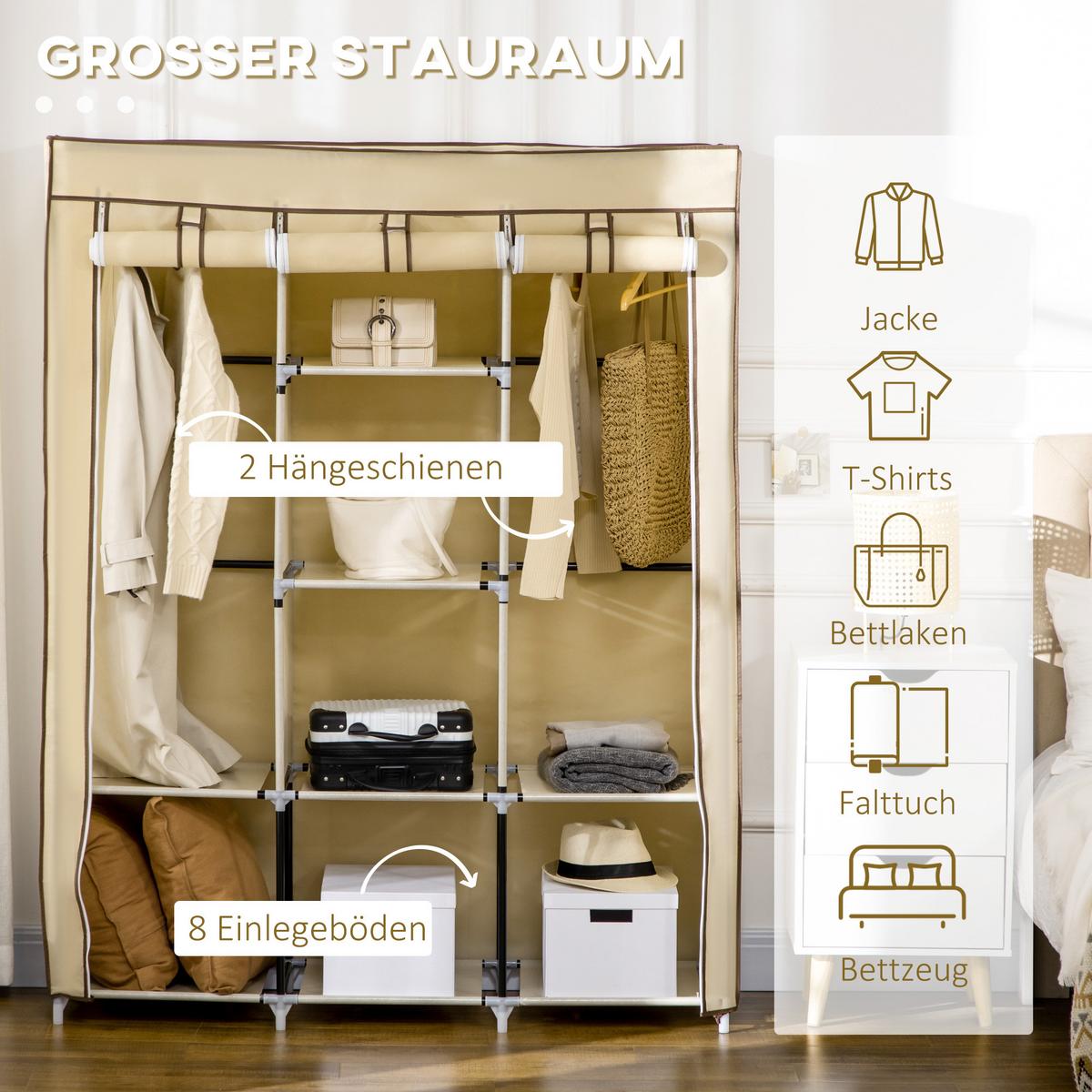 STOFFSCHRANK, Faltschrank, Kleiderschrank mit Kleiderstangen, 8 Ebenen Beige - Beige, Metall (43/162.5/125cm) - HOMCOM