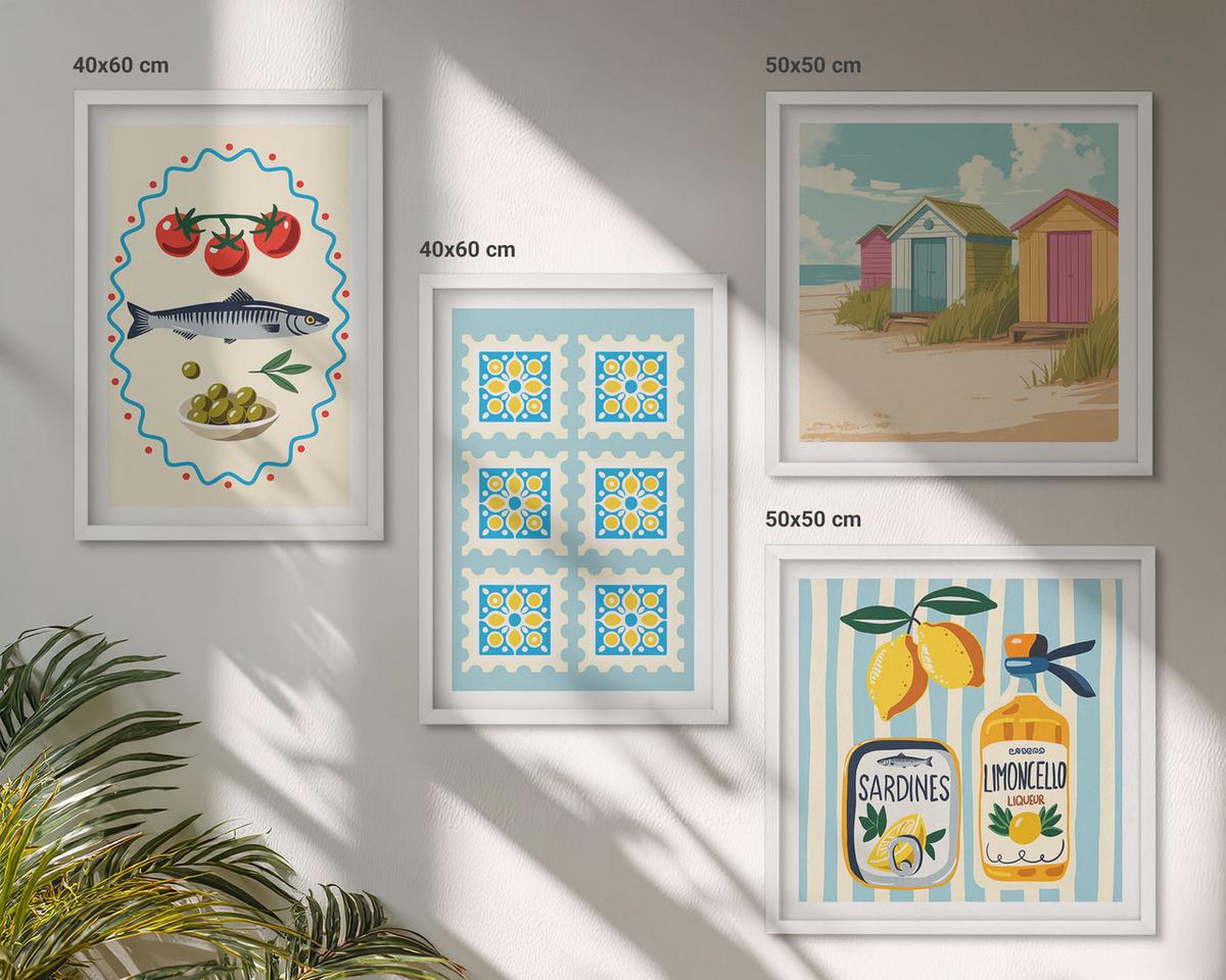 BILDER SET 4er Set - 50x50 cm & 40x60 cm Weißer Rahmen - Illustrationen der mediterranen Küche - Weiß, Kunststoff (50/50cm) - TULUP