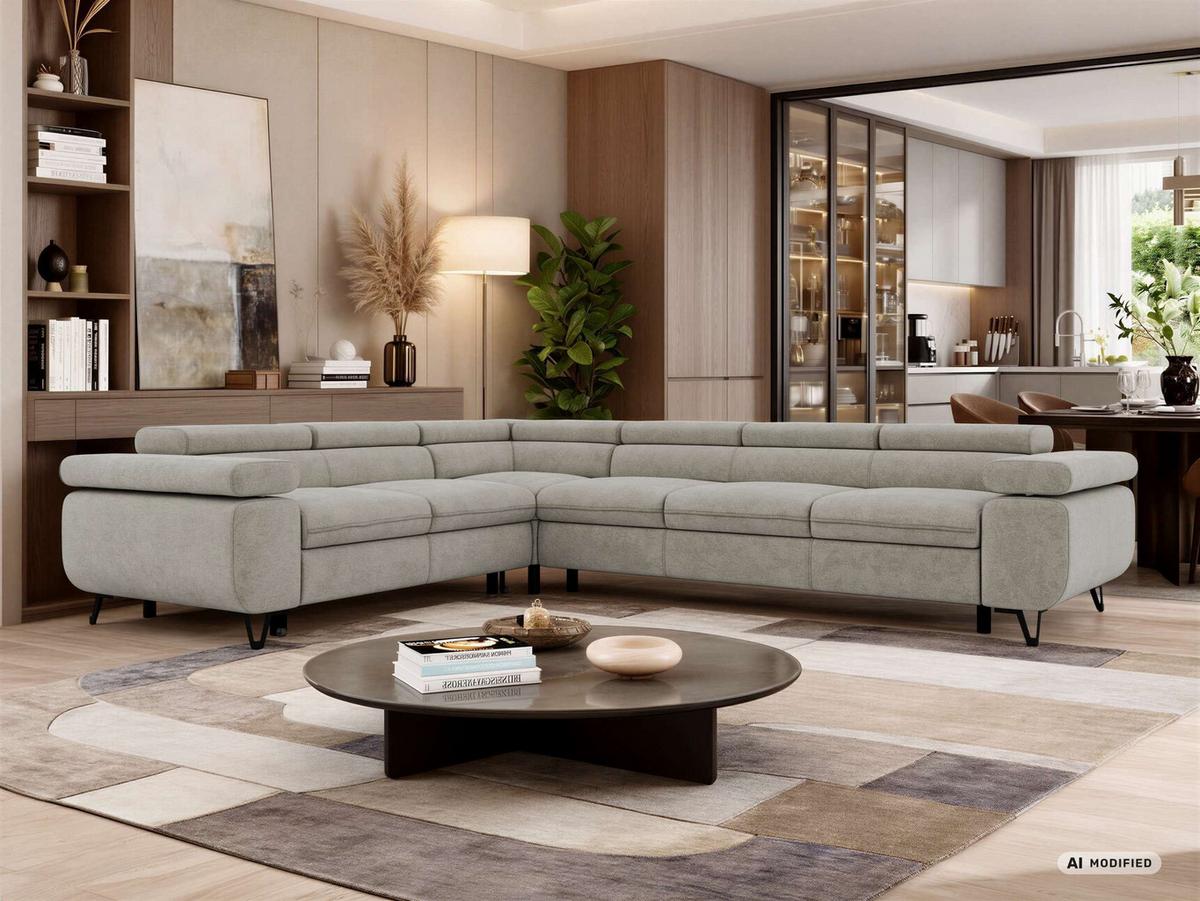 ECKSOFA NORDEN L - Hellgrau Stukture - Rechts Seite - Hellgrau/Schwarz, Textil/Metall (329/269cm) - MKS