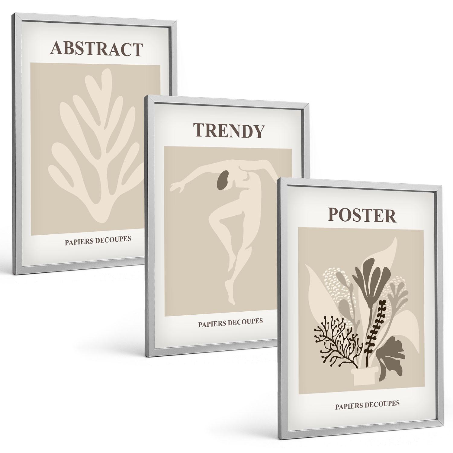 BILDER SET 3er Set - 40x60 cm Silberner Rahmen - Blumenmuster beige braun - Silberfarben, Kunststoff (40/60cm) - TULUP