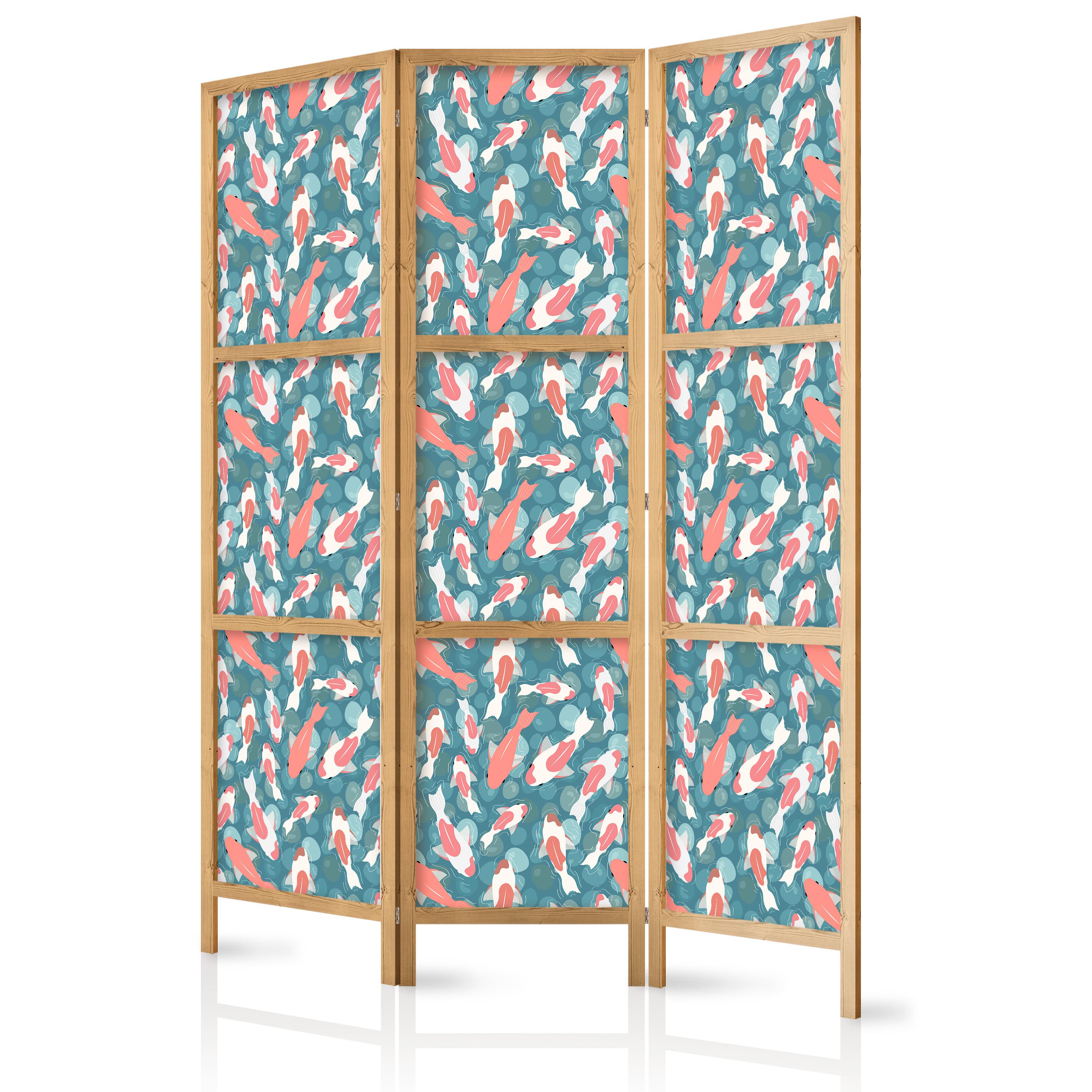 PARAVENT Japanischer 3-tlg 135x172 cm Bunte Fische - Blau, Holz/Textil (135/172/3cm) - Muralo