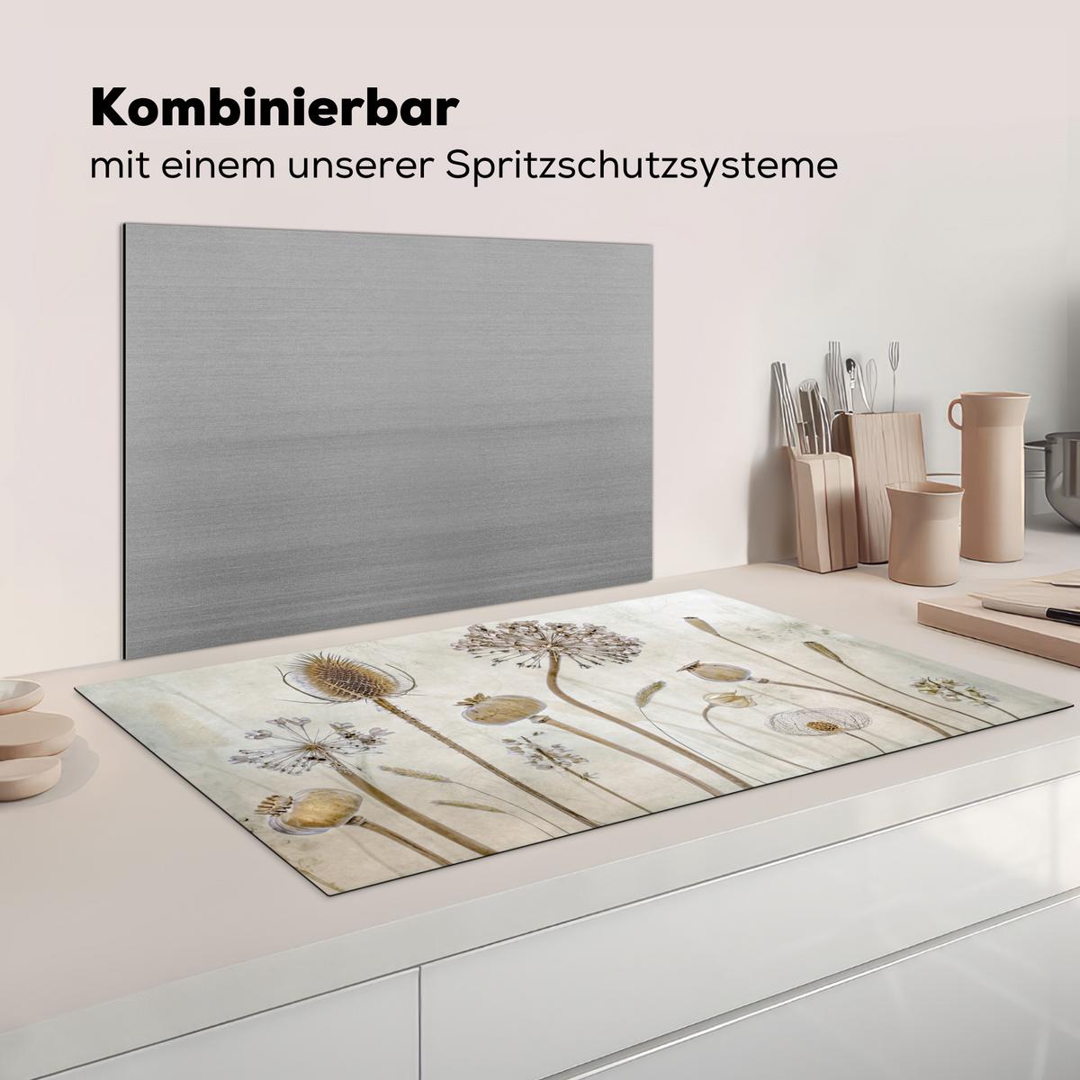 HERDABDECKPLATTE Blumen - Aquarell - Stilleben - Braun - Vintage Induktionsschutz 91.2x52 cm - Sandfarben, Kunststoff (91.2/52/0.2cm) - MuchoWow