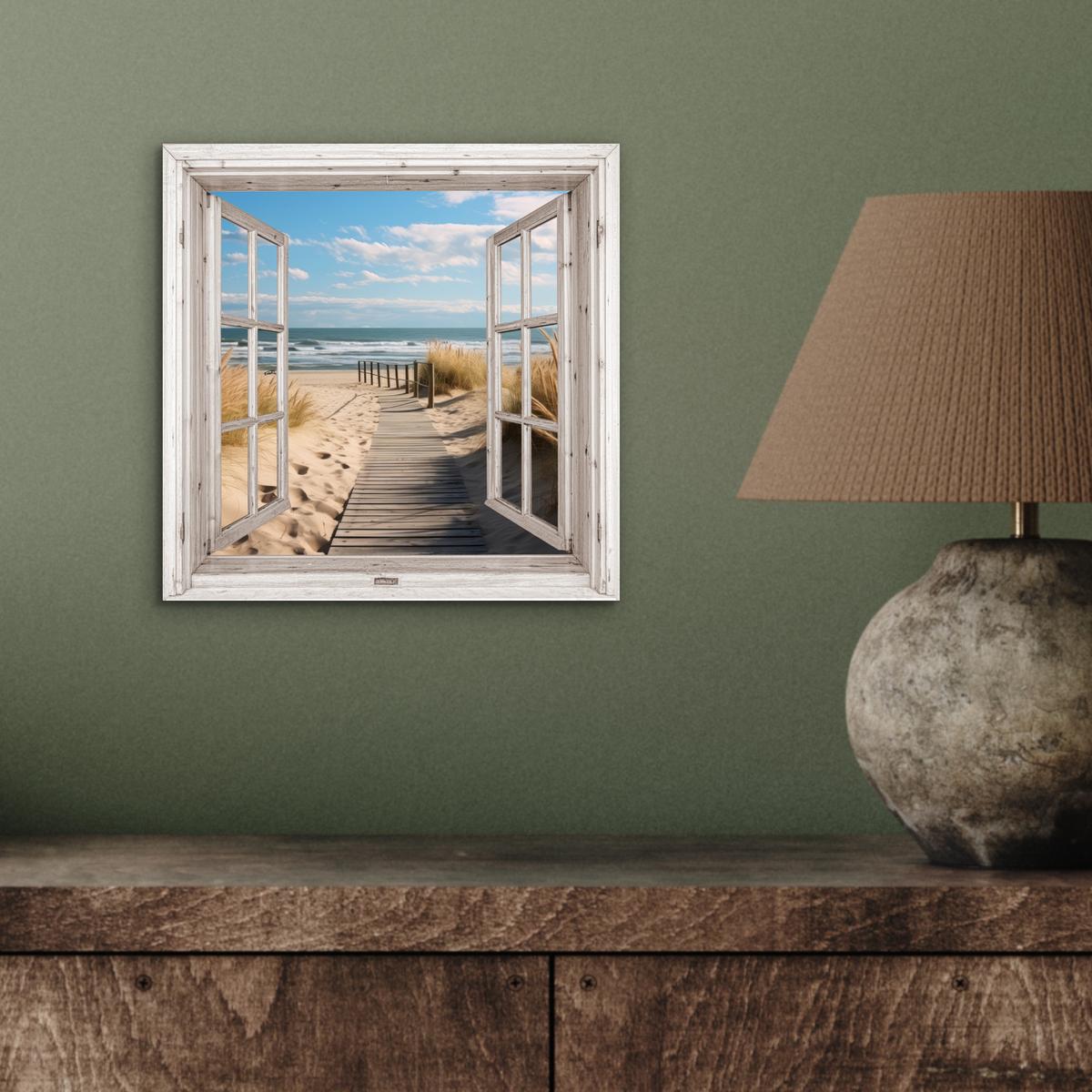METALLBILD Fenster - Meer - Küste - Natur - Ausblick - Strand - Wattenmeer 20x20 cm - Beige, Metall (20/20cm) - MuchoWow