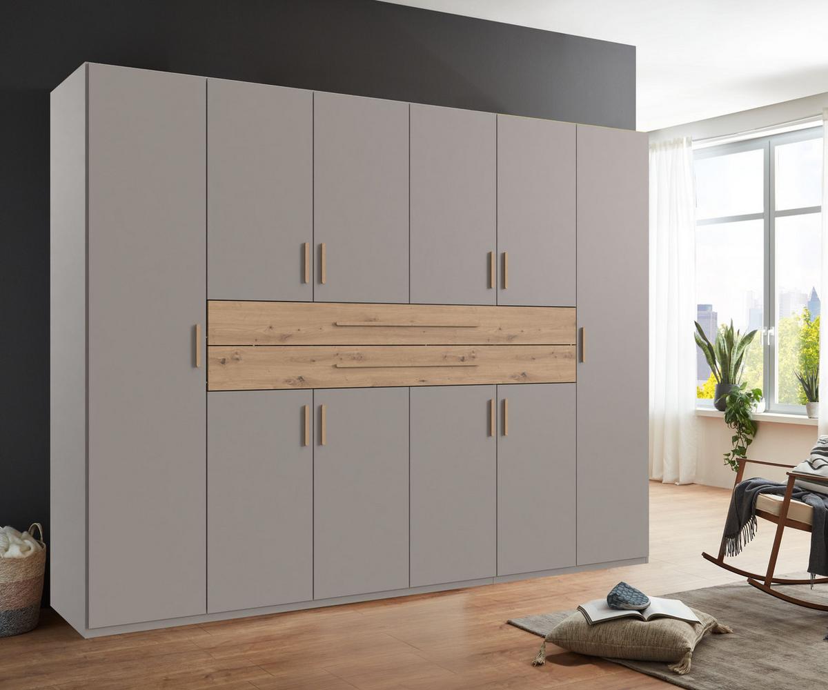 DREHTÜRENSCHRANK B270/H208/T58 cm Sandgrau, Kleiderschrank mit 2 großen Schubkästen & Griffen in Eiche Artisan Dekor / 22641 - Sandfarben/Eiche Artisan, Holzwerkstoff/Kunststoff (270/208/58cm) - luma-home