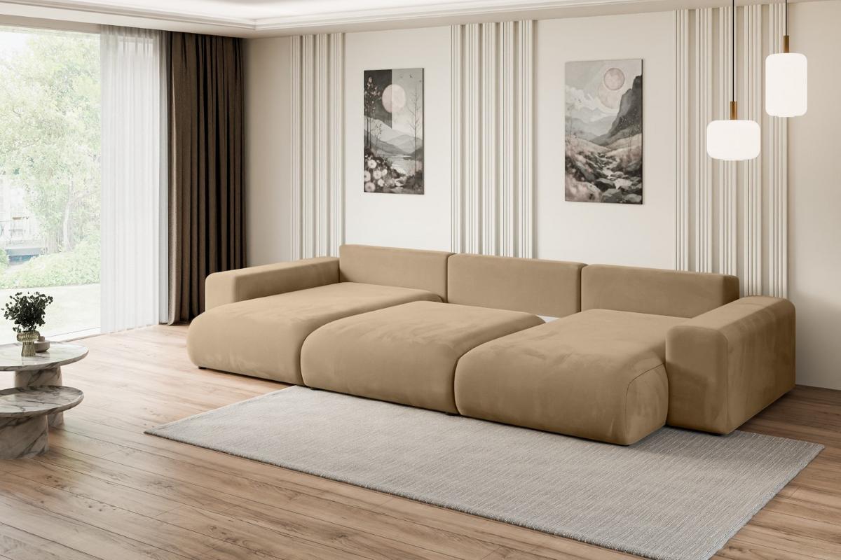 WOHNLANDSCHAFT mit Schlaffunktion ESKAR-U -364x176x84cm Beige Velours - Beige/Schwarz, Holzwerkstoff/Kunststoff (364/72/176cm) - ALTDECOR