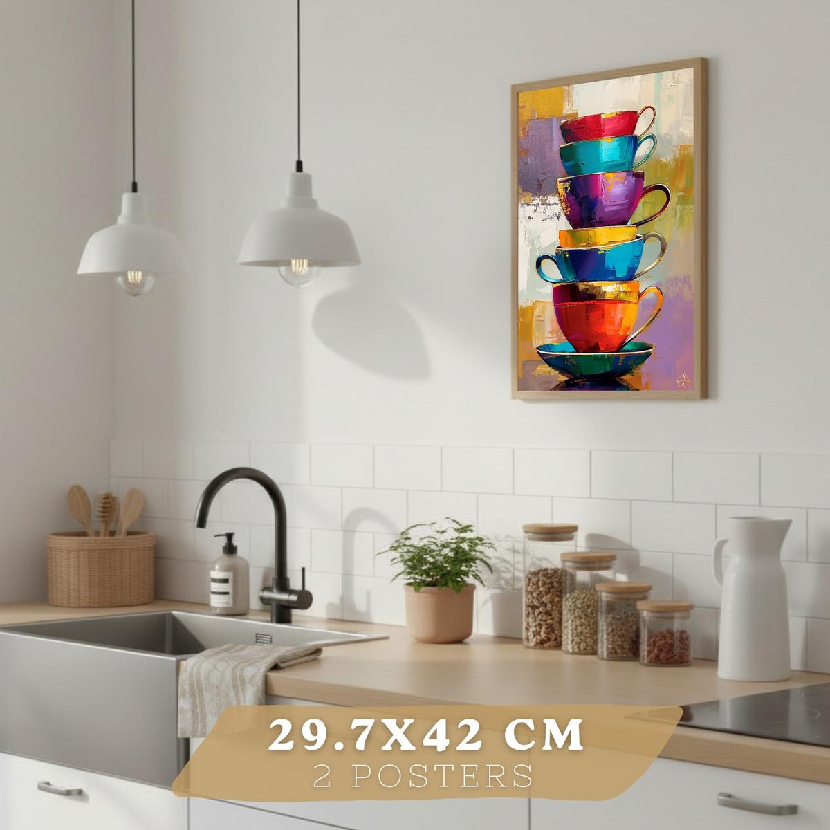 POSTER 2er Set Küchen-Wandbilder Kaffeetassen und Espressomaschine Pop Art Bunt Esszimmer Wanddeko Rahmenlos A3 - Schwarz, Papier (29.7/1/42cm) - Nacnic