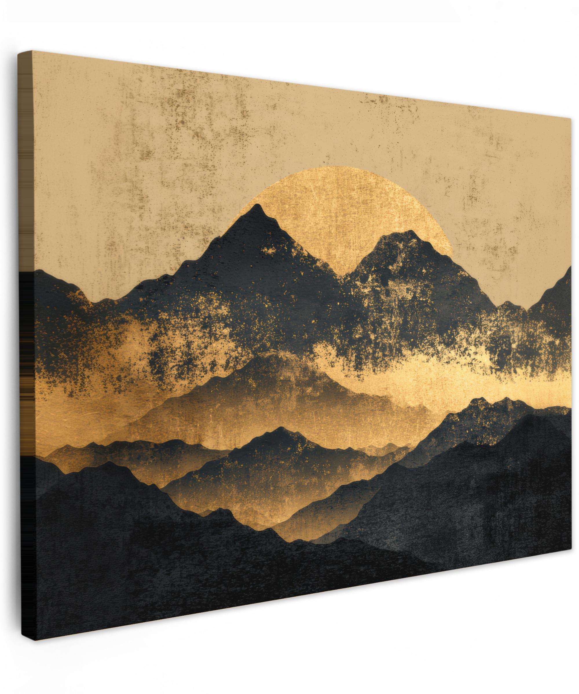 LEINWANDBILD Goldene Berge bei Mondschein Wandbilder 80x60 cm - Goldfarben, Textil (80/60cm) - MuchoWow