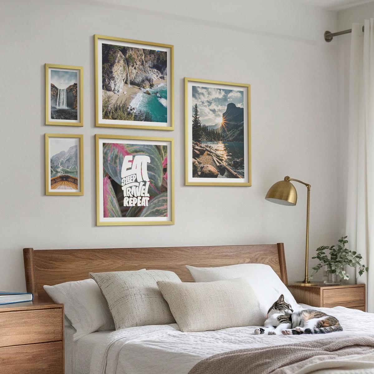 BILDER SET 5er Set - 50x50 cm & 20x30 cm & 40x60 cm Goldrahmen - Wasserfall Bergreise Natur - Goldfarben, Kunststoff (40/60cm) - TULUP