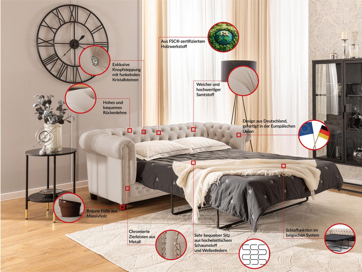 CHESTERFIELD-SOFA 3-Sitzer mit Schlaffunktion Cleo Blink Beige Samt mit Kristallsteppung und braunen Massivholzfüßen - Beige/Braun, Holz/Textil (203/72/86cm) - S-Style