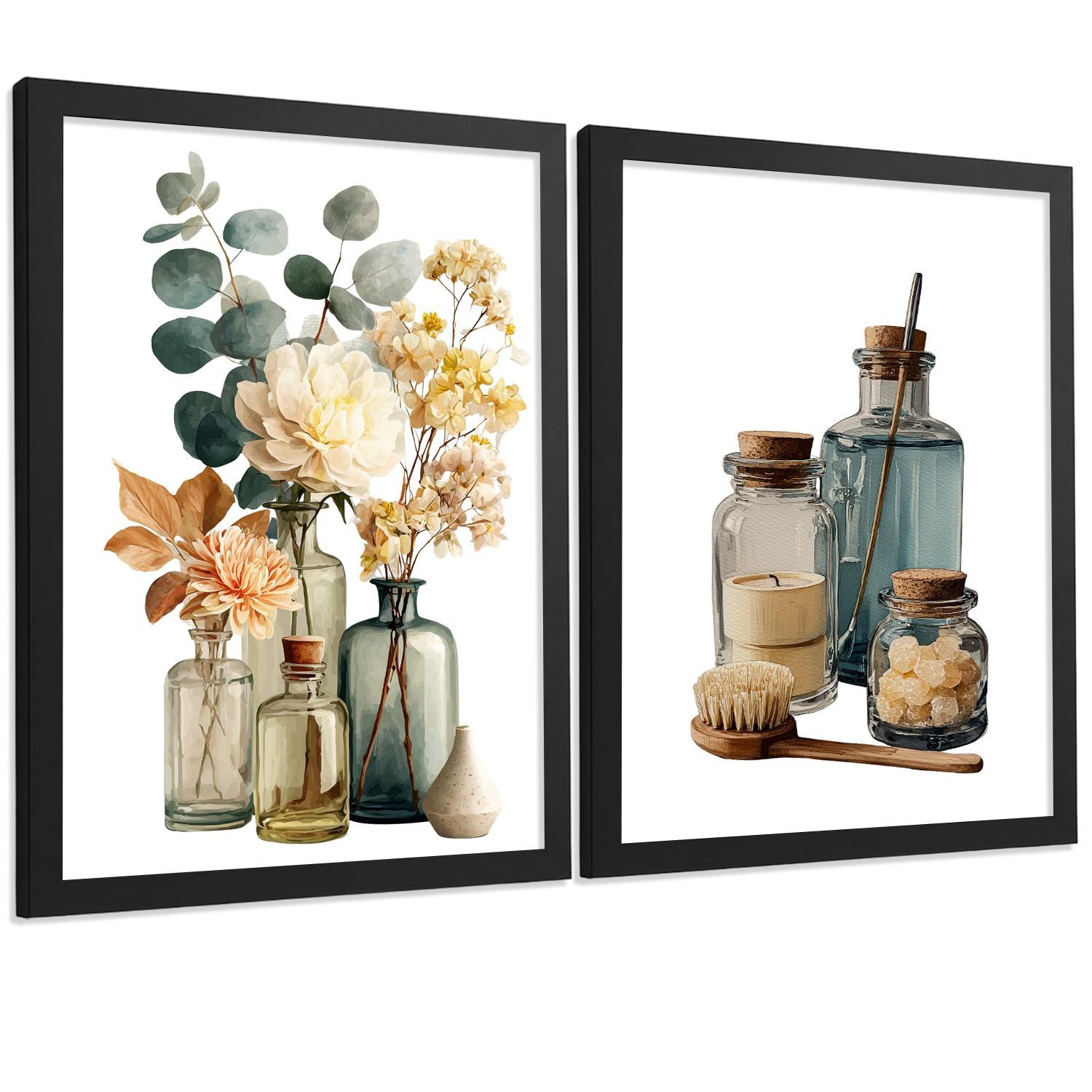 POSTER 2er-Set dekorative Badezimmer-Poster, minimalistische Wandbilder moderne Dekoration mit Blumen und Flaschen Schwarzer Rahmen A3 - Schwarz, Papier (42/29.7/3cm) - Nacnic