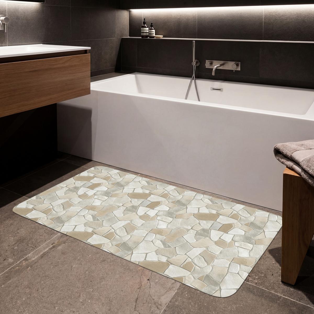 BADEMATTE Mosaik - Steine - Beige 120x60 cm - Beige/Creme, Textil (120/60cm) - OnlyWow