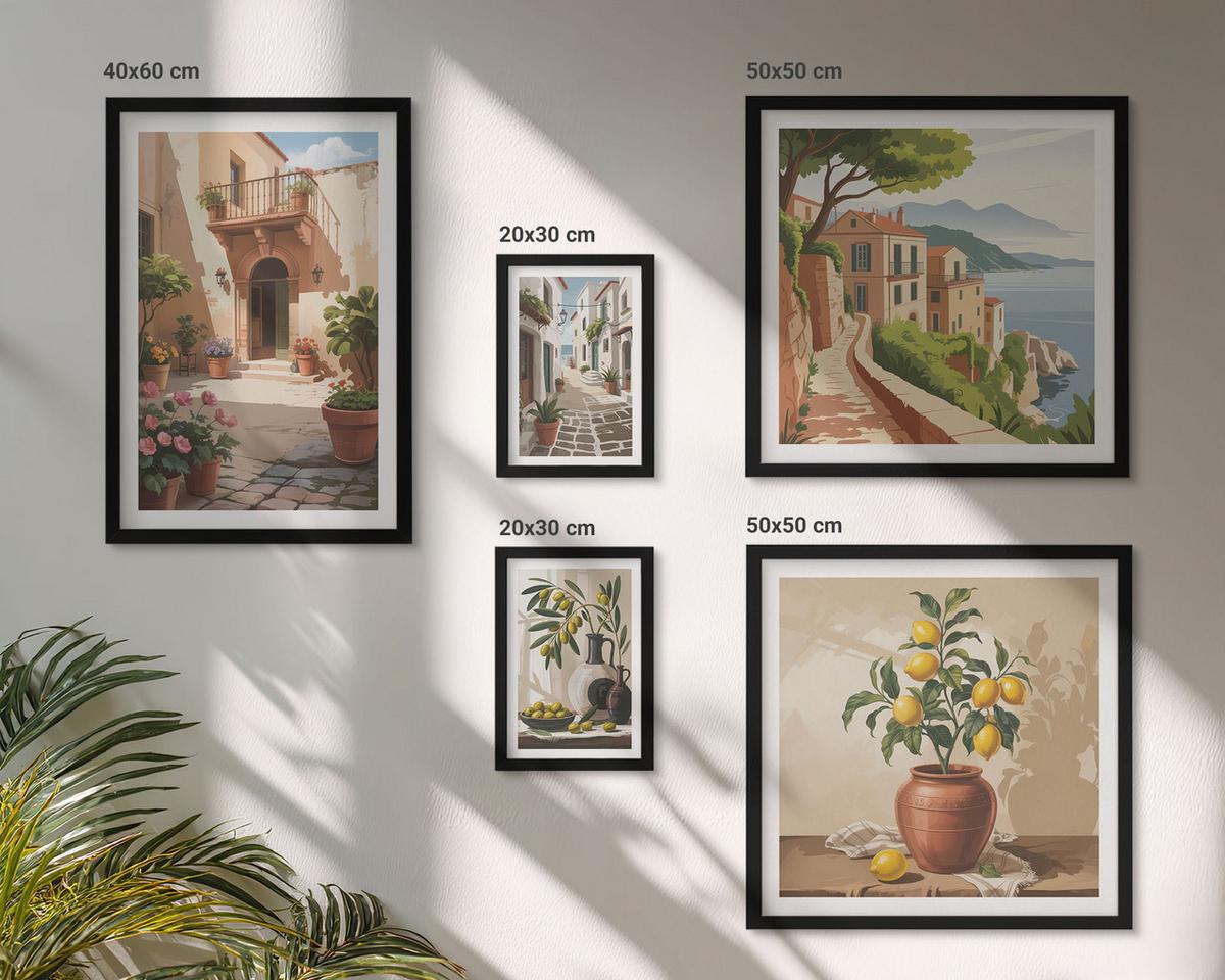 BILDER SET 5er Set - 50x50 cm & 20x30 cm & 40x60 cm Schwarzer Rahmen - Zitronenblumen im Topf, Straßen - Schwarz, Kunststoff (40/60cm) - TULUP