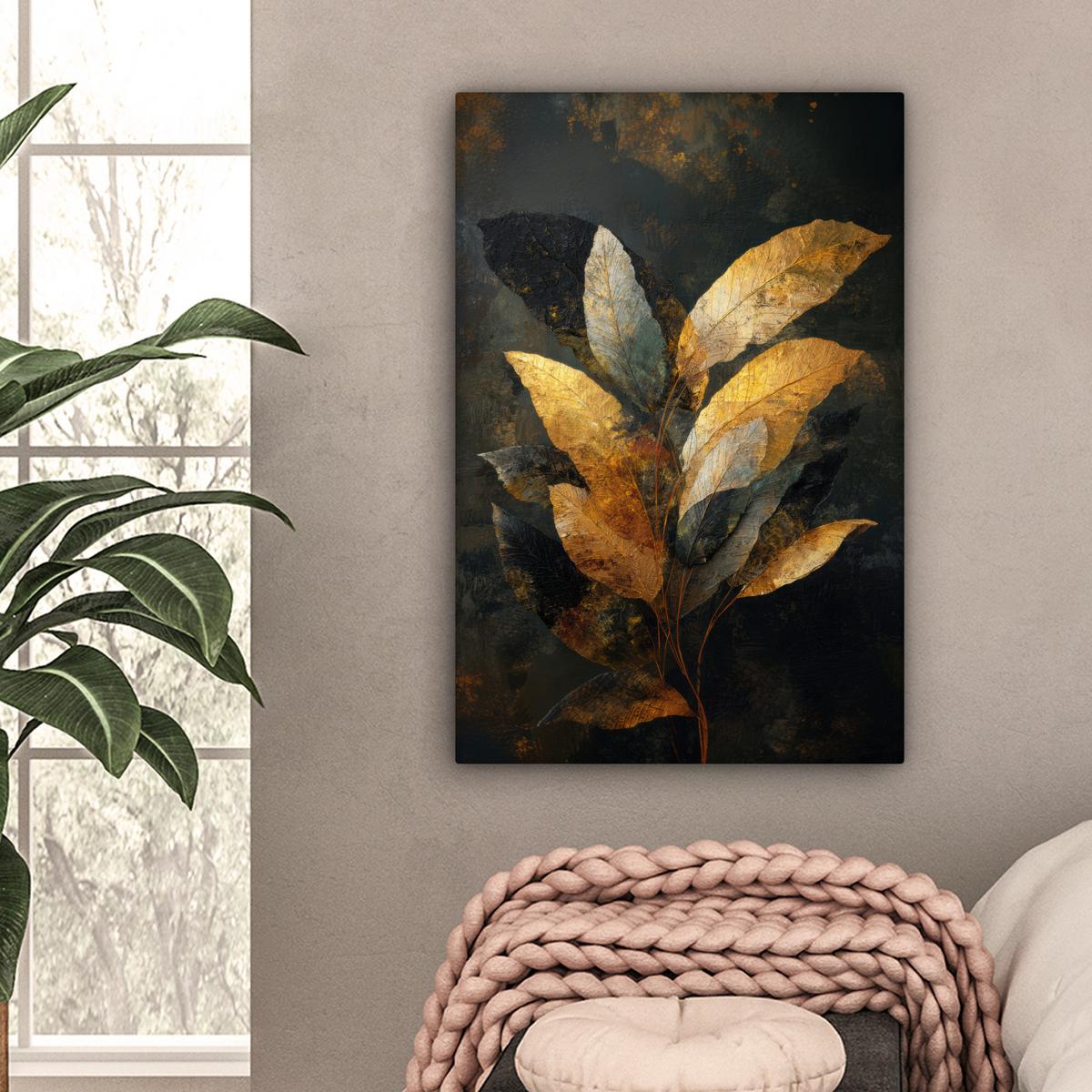 LEINWANDBILD Golden Leaf Komposition - Botanical Luxury Wanddeko 40x60 cm - Goldfarben/Schwarz, Textil (40/60cm) - MuchoWow