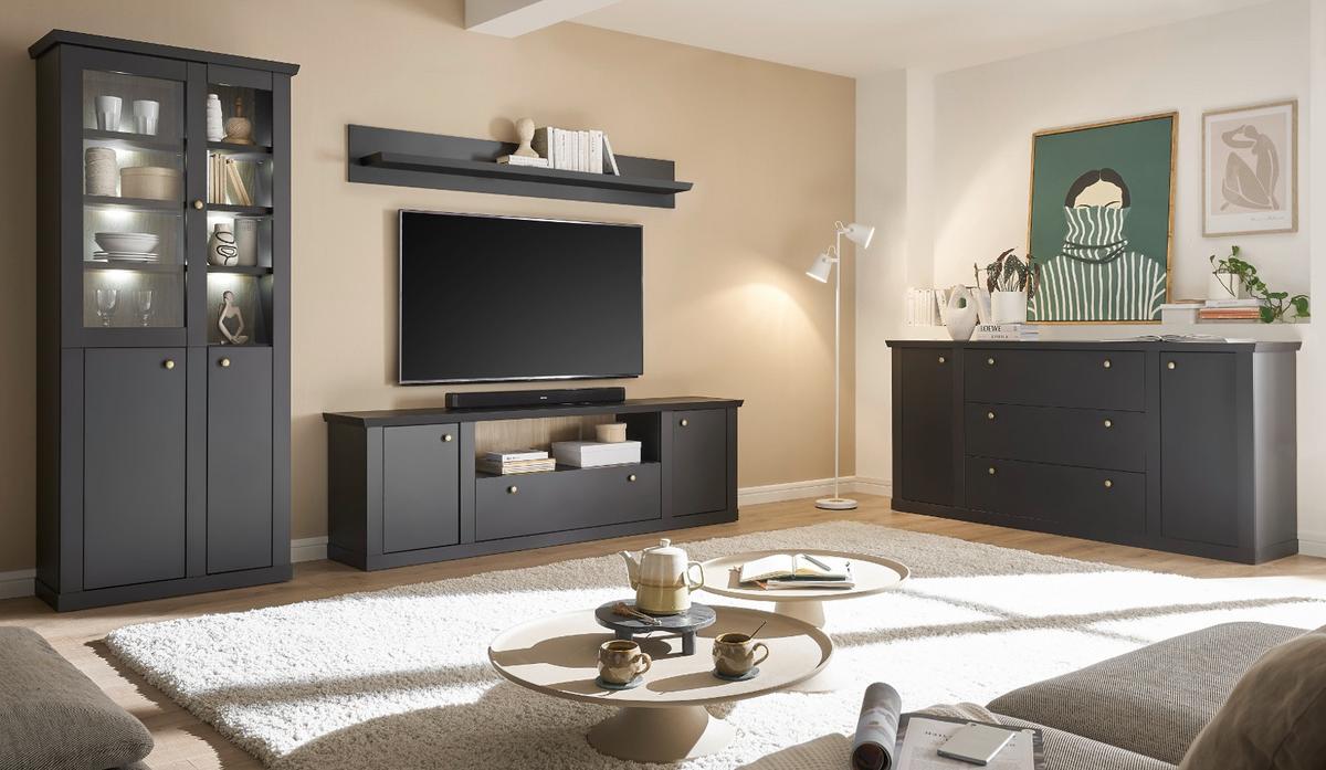 VITRINE schwarz matt, Eiche 86 cm, Vitrinenschrak Landhaus mit Soft-Close - Eichefarben/Messingfarben, Glas/Holzwerkstoff (86/200/39cm) - Furn.Design