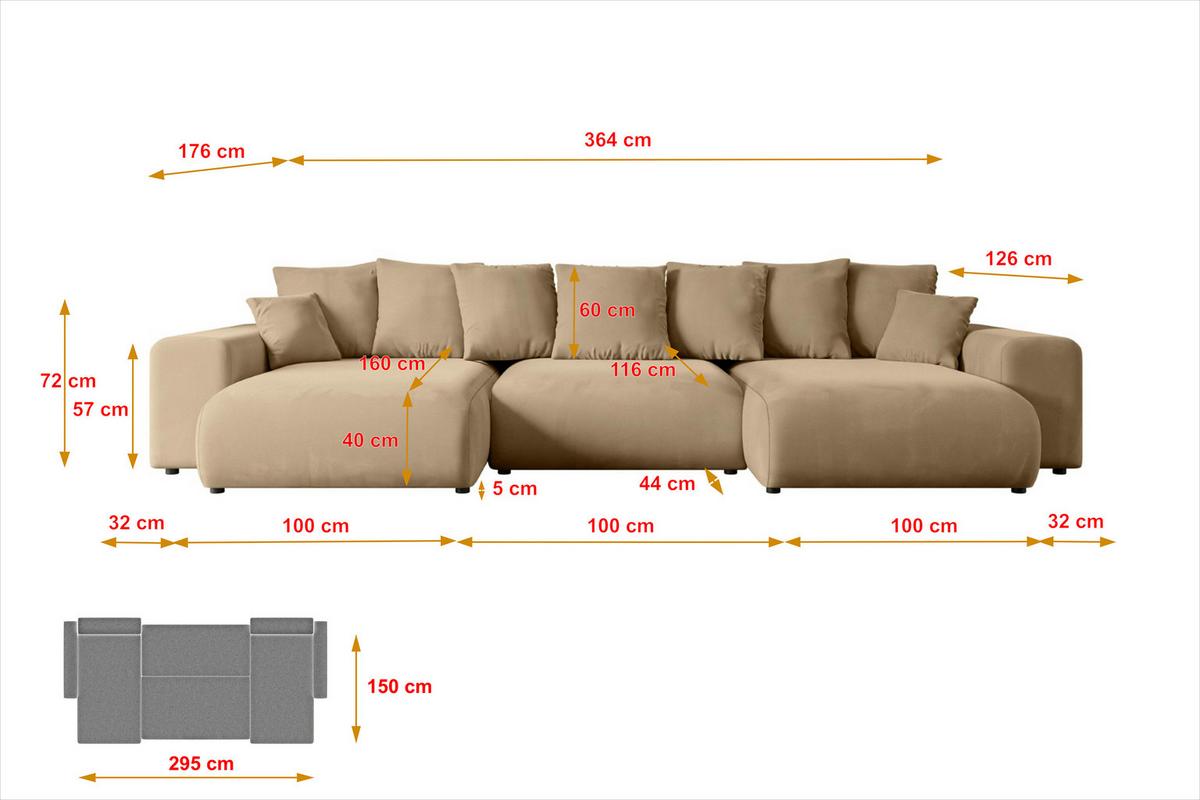 WOHNLANDSCHAFT mit Schlaffunktion ESKAR-U -364x176x84cm Beige Velours - Beige/Schwarz, Holzwerkstoff/Kunststoff (364/72/176cm) - ALTDECOR